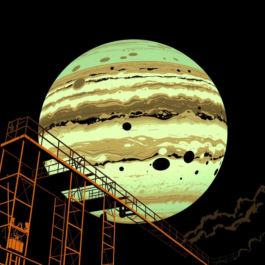 A cloud-banded gas giant with a glowing orbital grid