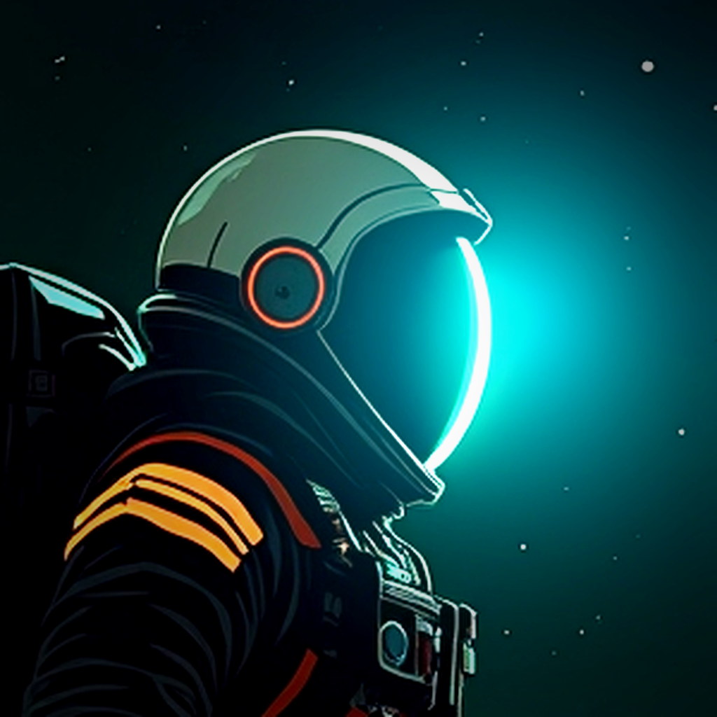 A lone astronaut in profile, helmet visor lit by a distant teal signal