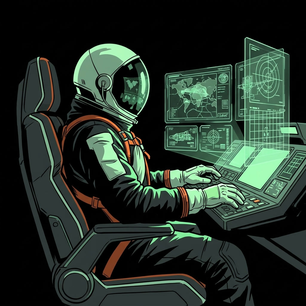 Engineer at a holographic mission console