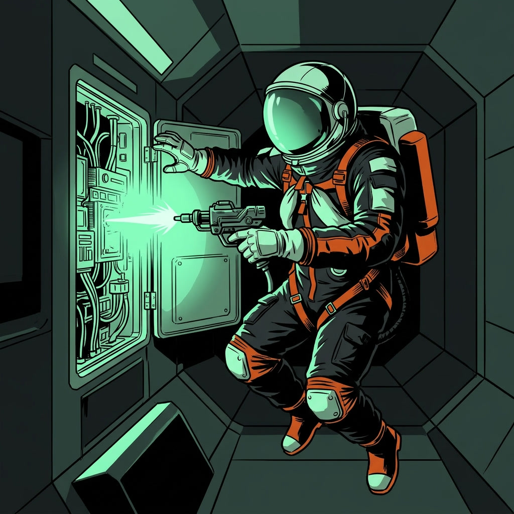 Engineer repairing a panel inside the station