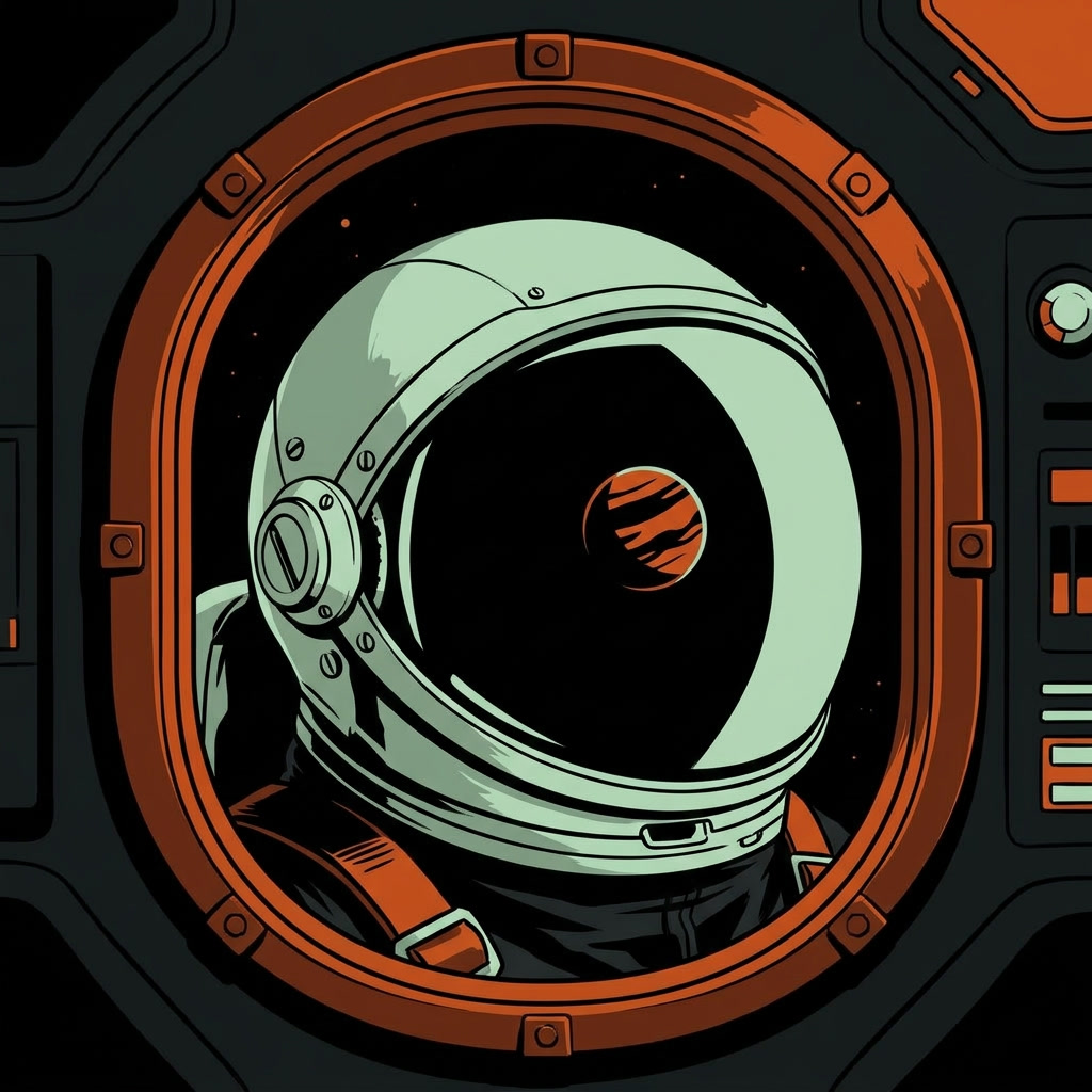 An astronaut in a helmet looks out a porthole at a distant planet